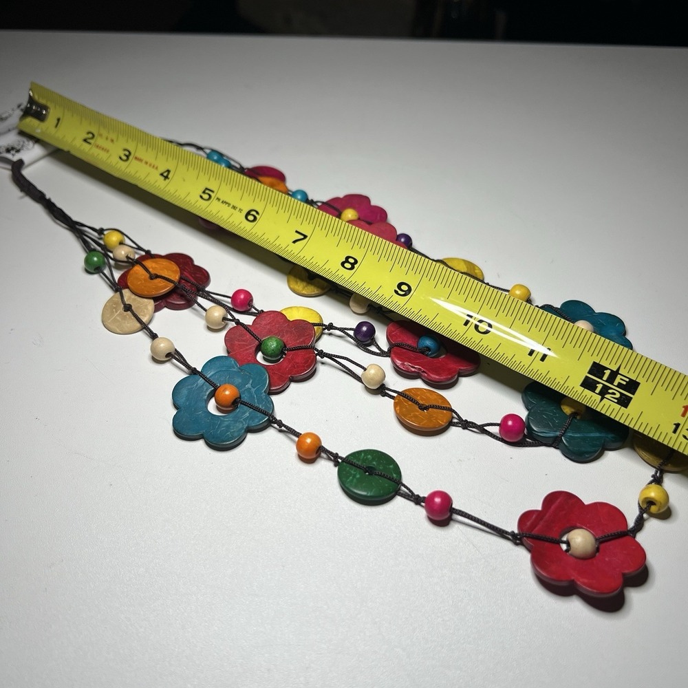 Vtg Vintage Bohemian Ethnic Multi Colored Wood Beads Flower Statement Necklace - Picture 4 of 4